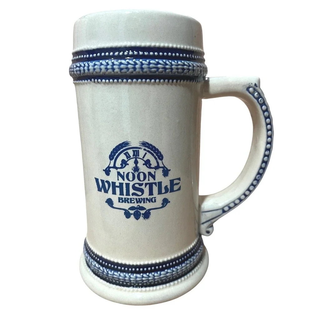 VTG Noon Whistle Brewing Beer Stein Salt Glazed Ceramic Blue Cobalt Mug 7 Inch